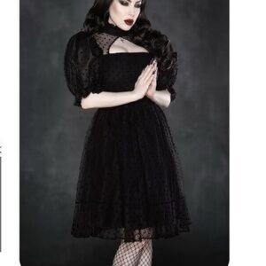 Katakomb polkadot mesh, mini dress, high neck with cross